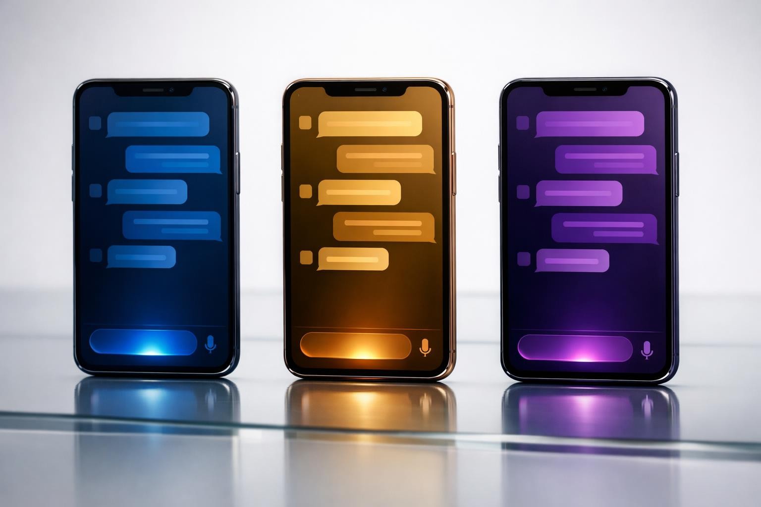 Three different high-end smartphones displaying AI chat interfaces side by side on a sleek glass desk, each showing different colored UI themes blue gold and purple, soft directional studio lighting from above, shot on Canon EOS R5 with 50mm f/1.4 lens, shallow depth of field with clean white background, absolutely no text, no letters, no words, no numbers, no writing, no watermark, no logo