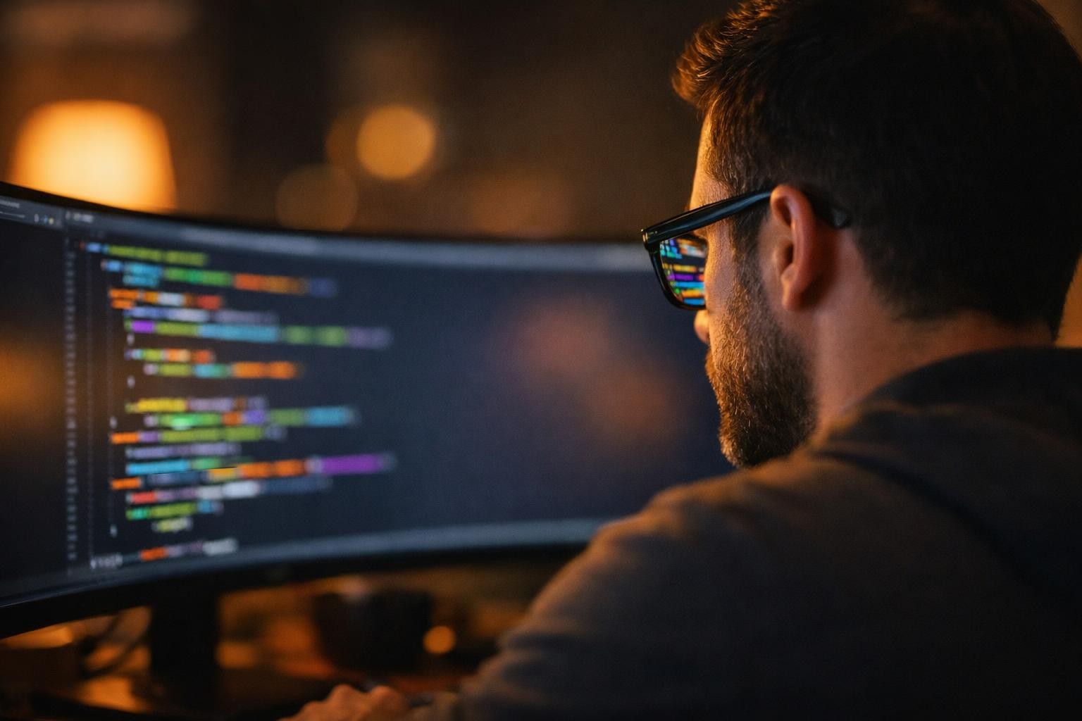 Close-up of a developer reviewing code on an ultrawide curved monitor in a dimly lit modern office, colorful syntax highlighting reflected on their glasses, warm desk lamp providing ambient glow, shot on Sony A7IV with 85mm f/1.8 lens, shallow depth of field bokeh background, absolutely no text, no letters, no words, no numbers, no writing, no watermark, no logo