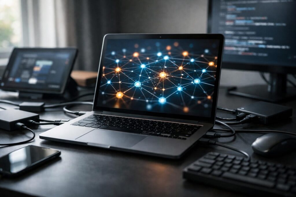 AI 에이전트 - Close-up of a modern developer workstation with multiple connected devices and a sleek laptop displaying interco...