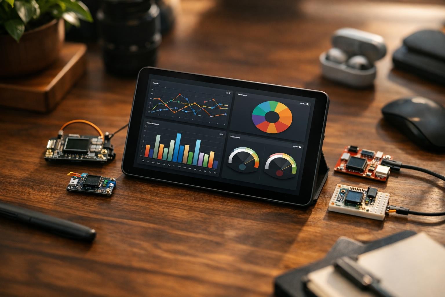 Overhead view of a tidy workspace with a tablet showing dashboard widgets and small connected hardware modules on a clean walnut desk, warm afternoon natural light, shot on Sony A7IV with 50mm f/1.8 lens, sharp focus on the central tablet with bokeh background, photorealistic detailed textures, absolutely no text, no letters, no words, no numbers, no writing, no watermark, no logo