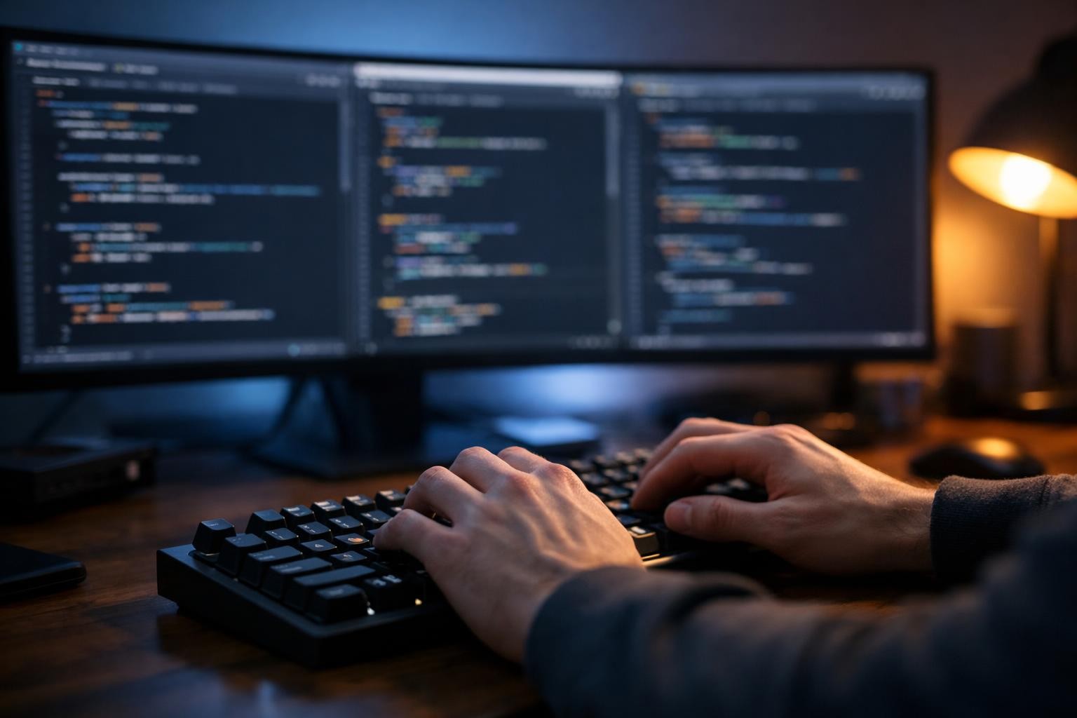 Close-up of a software developer's hands typing on a mechanical keyboard with a sleek ultrawide monitor showing three side-by-side code editor windows in the background, soft bluish ambient light with warm desk lamp glow, shot on Canon EOS R5 with 50mm f/1.4 lens, shallow depth of field, photorealistic 8K quality, AI 코딩 도구 비교 workspace concept, absolutely no text, no letters, no words, no numbers, no writing, no watermark, no logo