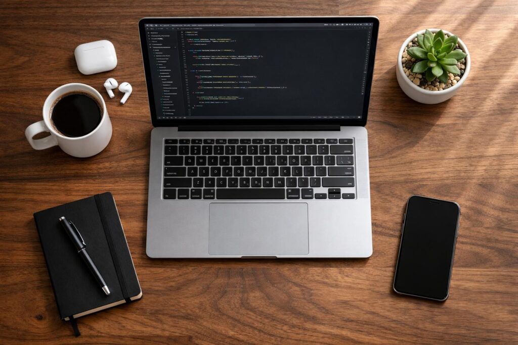 AI 코딩 도구 - Overhead flat lay of a minimalist developer desk with a MacBook Pro, a coffee cup, wireless earbuds, a small no...