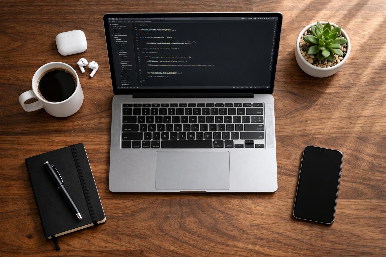 Overhead flat lay of a minimalist developer desk with a MacBook Pro, a coffee cup, wireless earbuds, a small notebook and pen, a potted succulent, and a smartphone, natural morning window light from the top-right corner, shot on Sony A7IV with 35mm f/1.8 lens, sharp focus throughout, photorealistic detailed textures of walnut wood and brushed aluminum, absolutely no text, no letters, no words, no numbers, no writing, no watermark, no logo