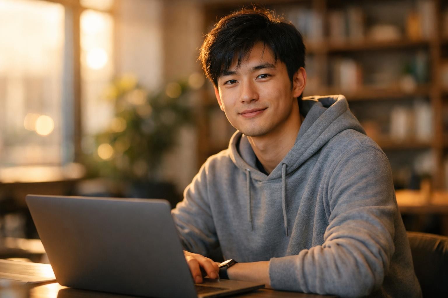 Young Asian male software engineer in a casual hoodie sitting confidently at a bright modern coworking space, looking slightly off camera with a gentle smile while his laptop is open in front of him, blurred bookshelves and plants in the background, golden hour sunlight streaming through large windows creating warm tones, shot on Fujifilm X-T5 with 56mm f/1.2 lens, cinematic shallow depth of field, absolutely no text, no letters, no words, no numbers, no writing, no watermark, no logo