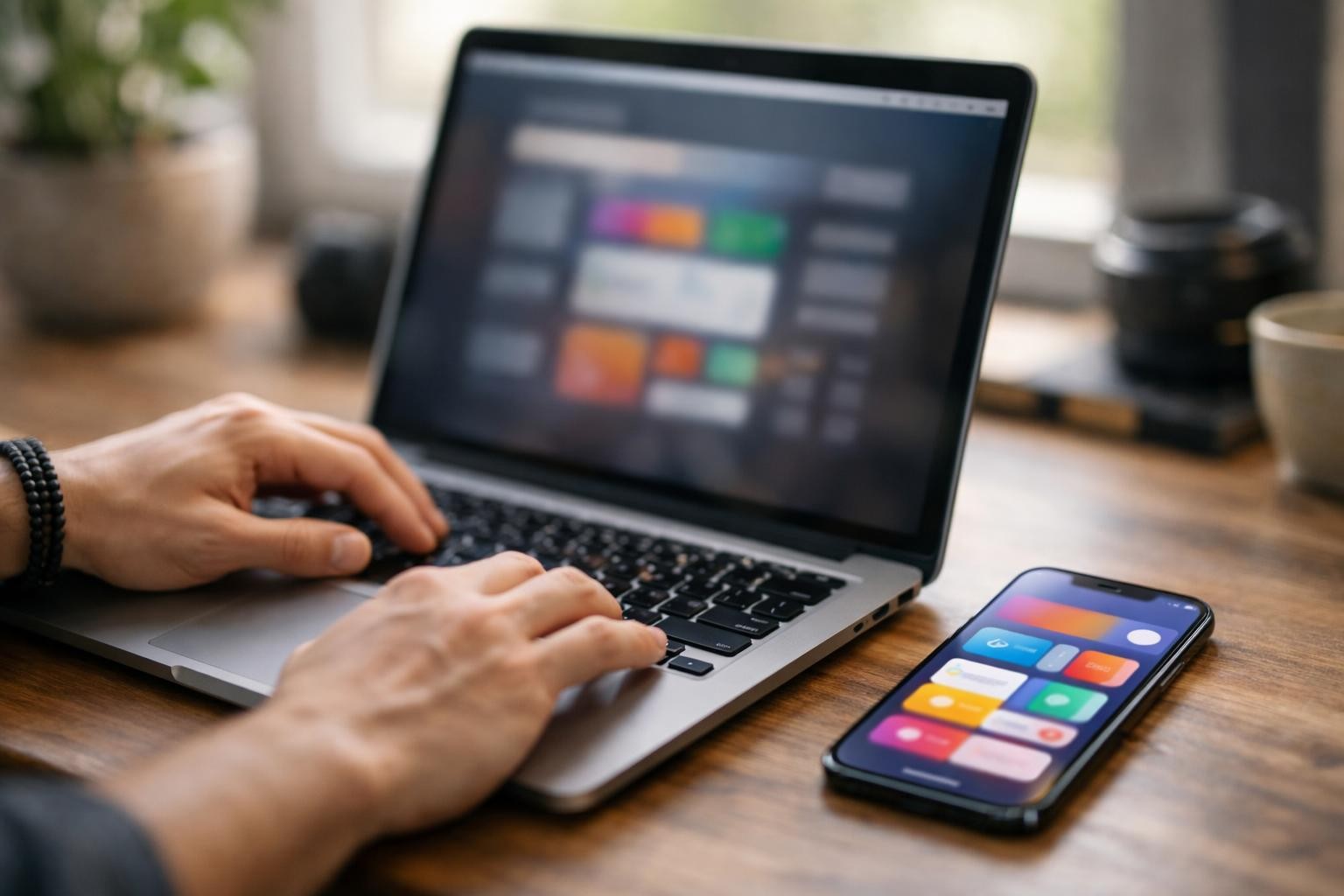 Close-up of a creative entrepreneur's hands working on a sleek MacBook with a colorful mobile app prototype displayed on a smartphone next to it, soft natural daylight from a side window, shot on Canon EOS R5 with 85mm f/1.4 lens, shallow depth of field, photorealistic 8K quality, modern home office aesthetic, absolutely no text, no letters, no words, no numbers, no writing, no watermark, no logo