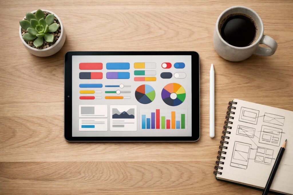 노코드 AI 앱 - Overhead flat lay of a minimalist creator's desk with an iPad showing colorful UI design elements, a stylus pen...
