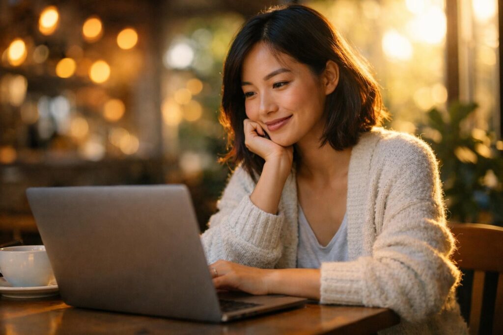 노코드 AI 앱 - Young Asian female solo founder in a cozy cardigan sitting at a sunny café table with a laptop open in front of...