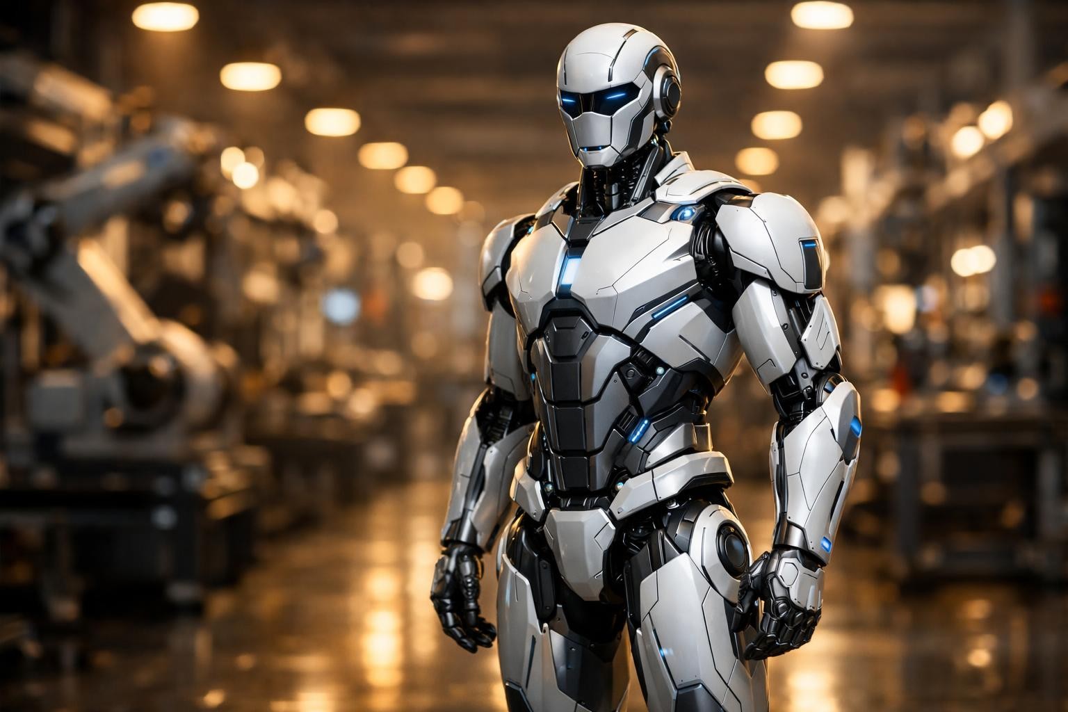 A sleek humanoid robot standing confidently on a polished factory floor, soft industrial lighting with warm overhead spotlights, metallic white and silver body panels with subtle blue accent lights, shallow depth of field showing blurred assembly line in the background, cinematic atmosphere, shot on Canon EOS R5 with 85mm f/1.4 lens, photorealistic 8K quality, futuristic yet realistic, absolutely no text, no letters, no words, no numbers, no writing, no watermark, no logo