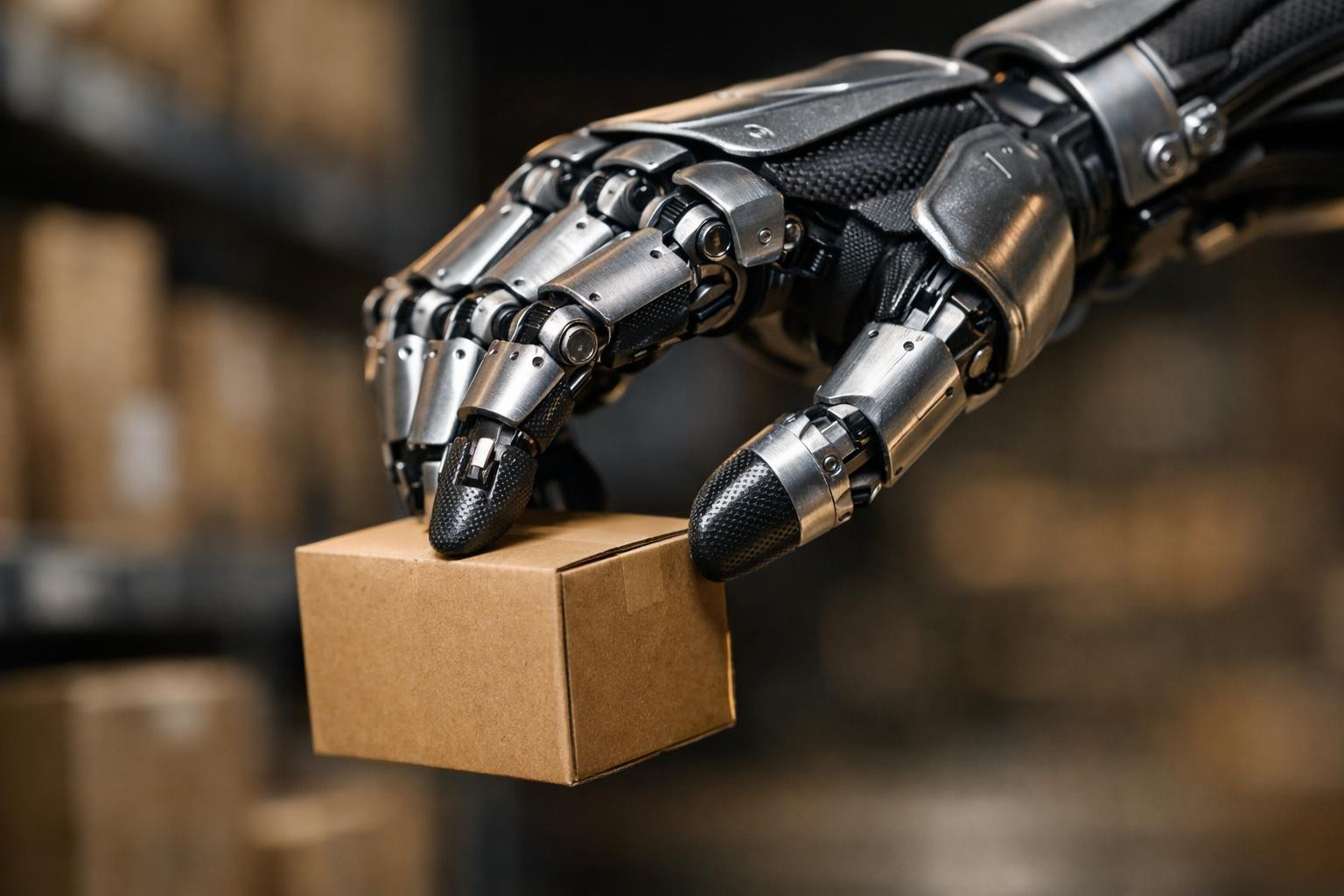 Close-up detailed shot of a humanoid robot's articulated hand gently picking up a small cardboard box in a warehouse environment, dramatic side lighting highlighting the intricate finger joints and actuators, brushed aluminum and carbon fiber textures, blurred warehouse shelving in the background, shot on Sony A7IV with 100mm macro lens, photorealistic ultra detailed, absolutely no text, no letters, no words, no numbers, no writing, no watermark, no logo