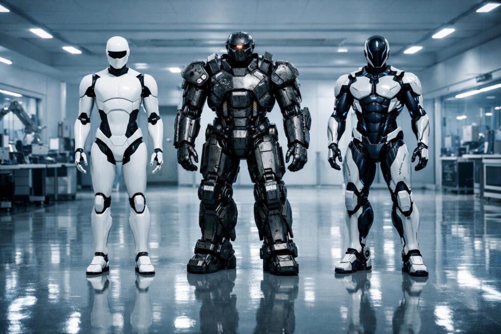 휴머노이드 로봇 - Wide angle shot of three different humanoid robots standing side by side in a futuristic research lab, clean wh...