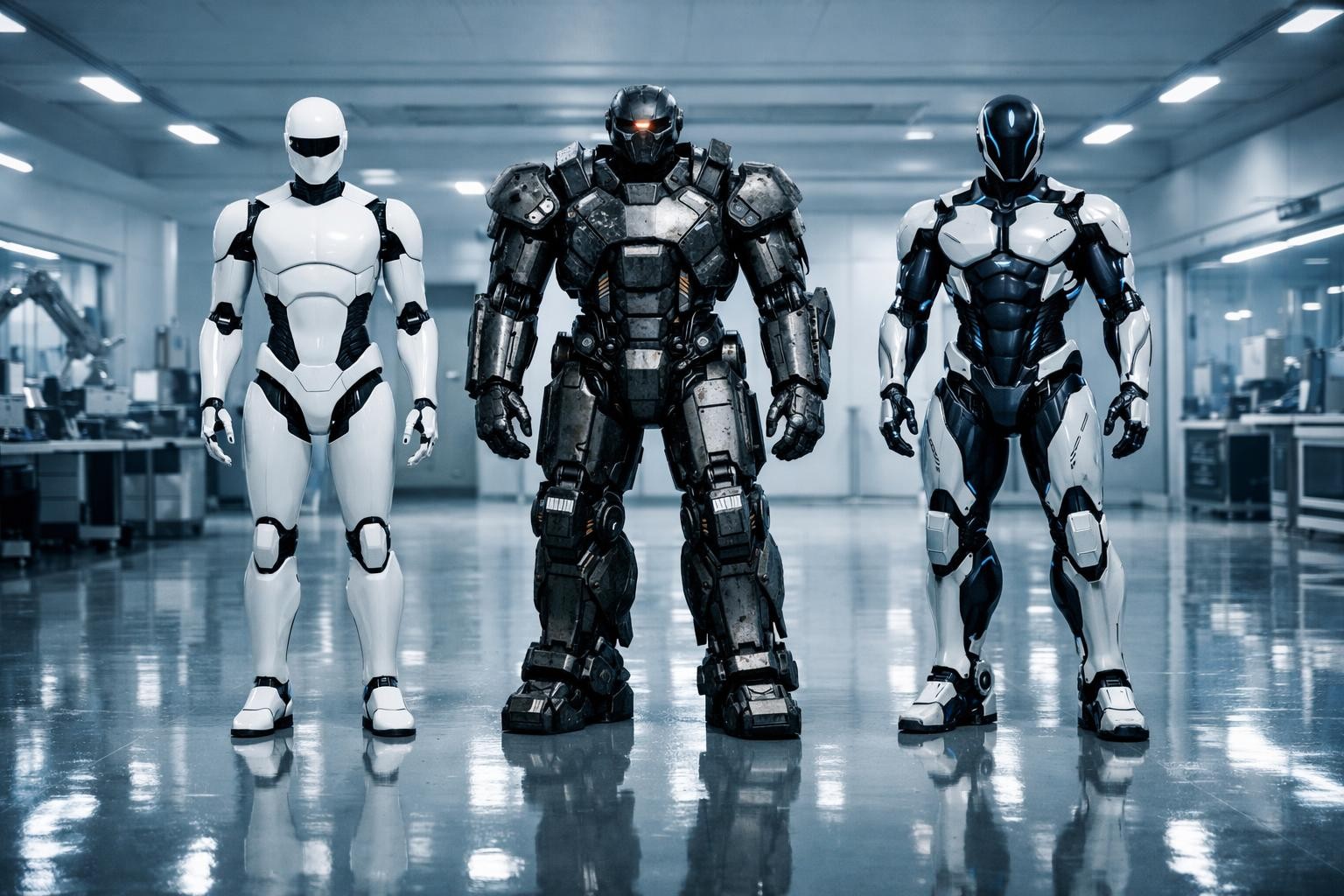 Wide angle shot of three different humanoid robots standing side by side in a futuristic research lab, clean white walls with subtle ambient blue lighting, each robot showing distinct design language — sleek minimalist, rugged industrial, and athletic athletic-looking — polished floor reflecting their silhouettes, shot on Fujifilm GFX100 with 35mm f/2 lens, photorealistic cinematic composition, absolutely no text, no letters, no words, no numbers, no writing, no watermark, no logo