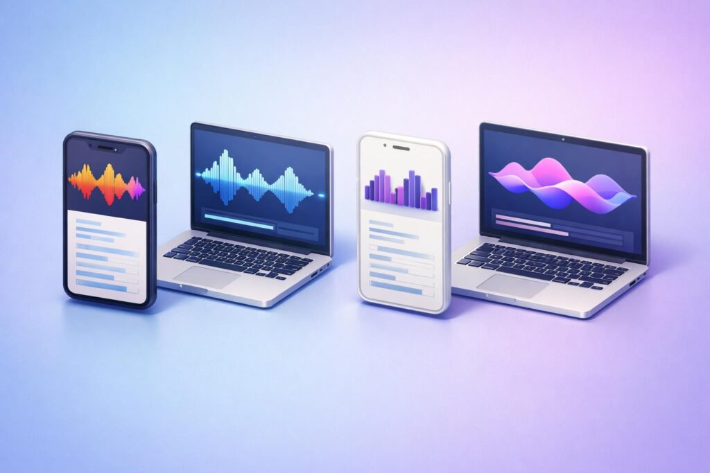 AI 회의록 - Close-up detailed 3D isometric illustration of four stylized smartphones and laptops floating side by side, each ...