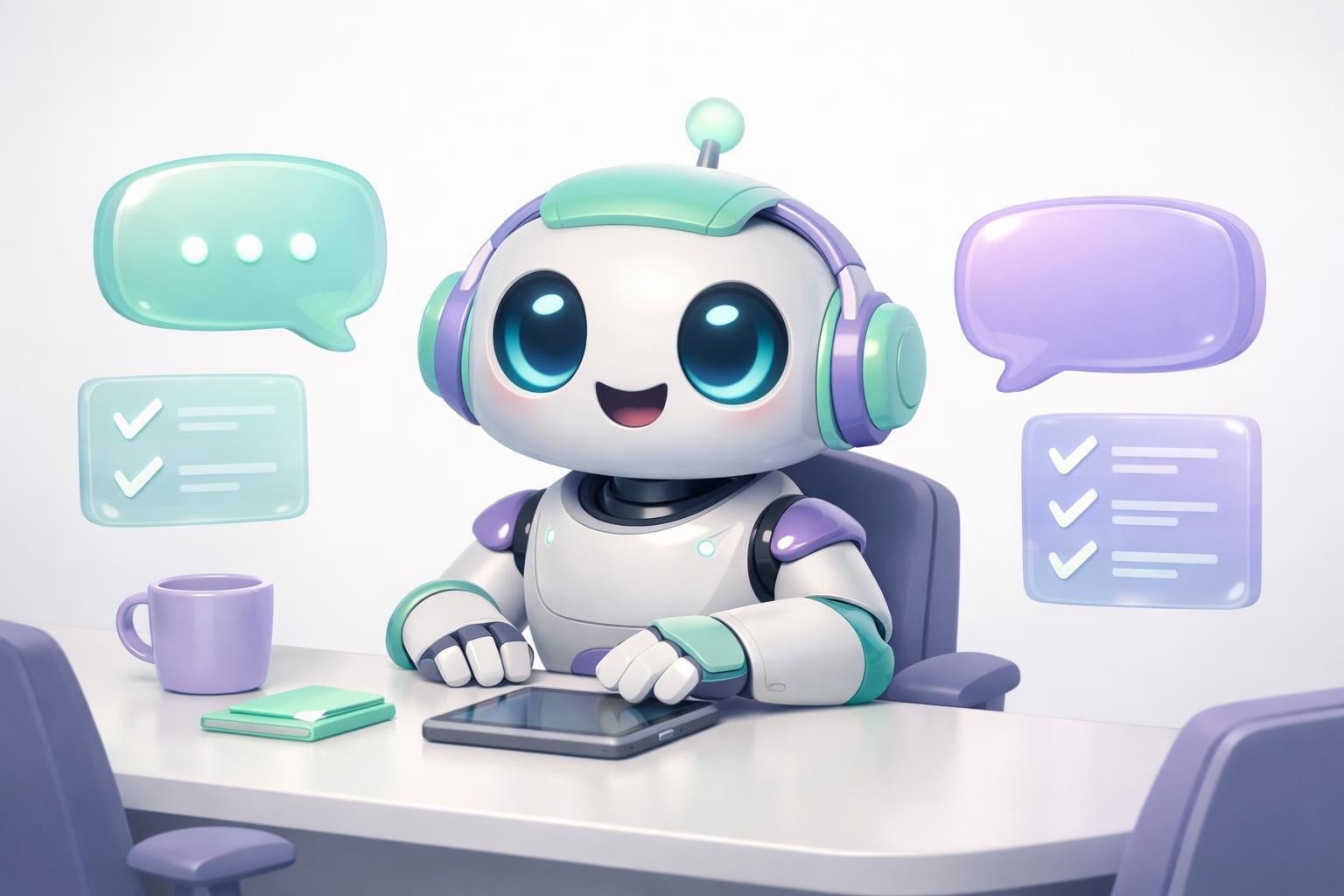 A stylized 3D illustration of a friendly robot assistant sitting at a conference table with floating holographic speech bubbles and checklists, soft studio lighting, pastel color palette with mint green and lavender accents, clean white backdrop, Pixar-inspired rendering quality, ultra detailed, absolutely no text, no letters, no words, no numbers, no writing, no watermark, no logo