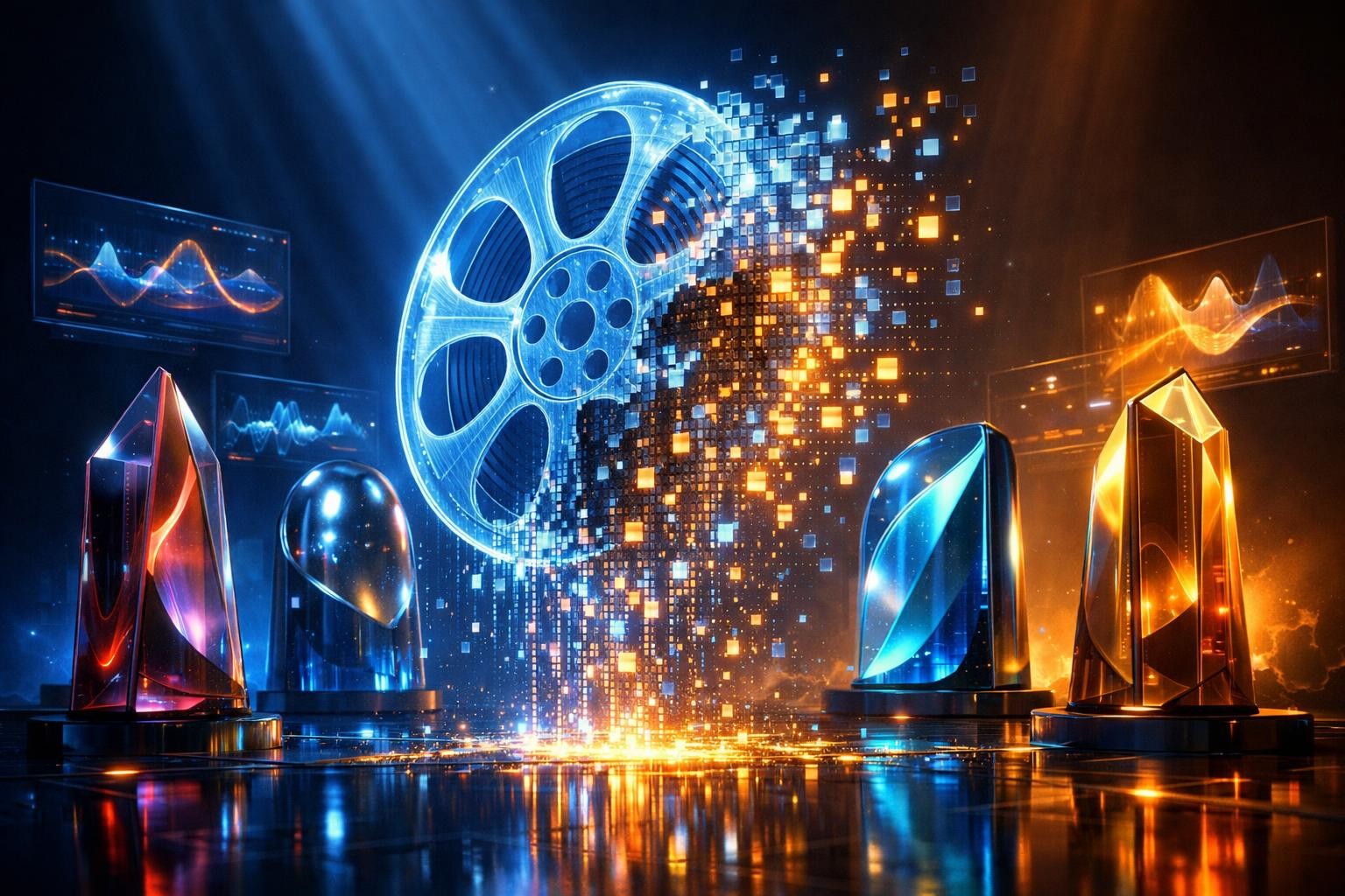 A cinematic 3D rendered scene of a giant holographic film reel dissolving into glowing pixels, surrounded by four futuristic glass monoliths representing competing AI video platforms, dramatic rim lighting with deep blue and amber gradients, floating holographic UI panels with abstract waveforms in the background, ultra detailed product render, Pixar-Disney quality, photorealistic 8K, absolutely no text, no letters, no words, no numbers, no writing, no watermark, no logo