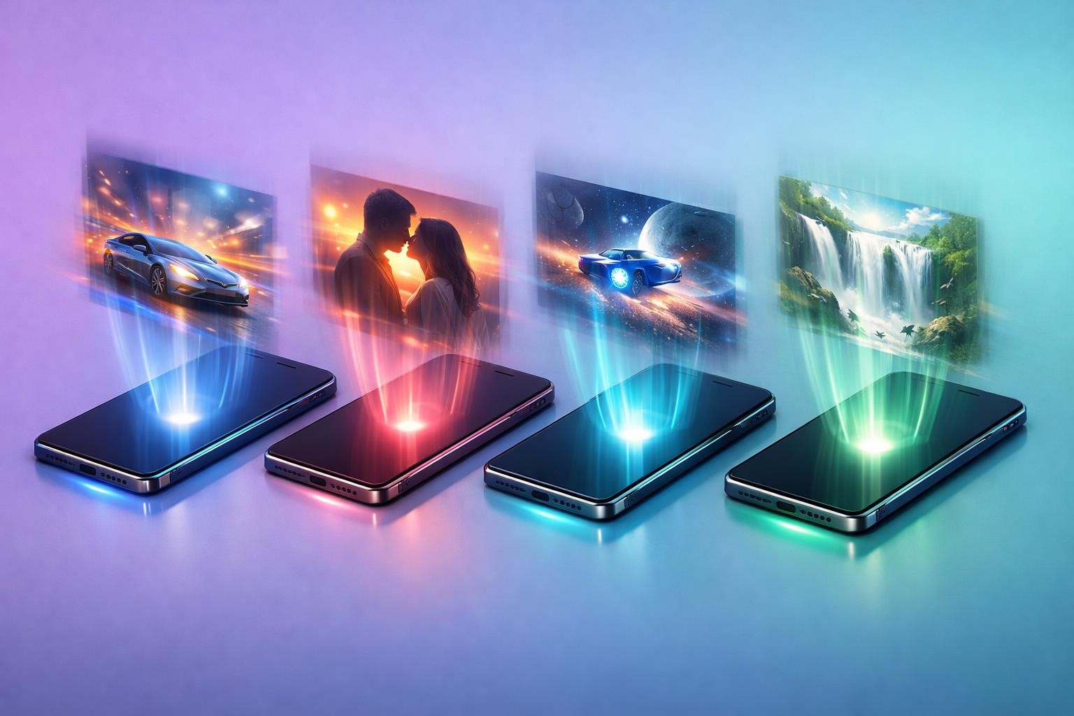 A sleek 3D isometric illustration of four floating futuristic smartphones side by side, each projecting a different glowing holographic video preview into the air with motion blur trails, soft pastel gradient background in lavender and teal, subtle neon underglow, minimalist flat-meets-3D product photography style, ultra detailed, absolutely no text, no letters, no words, no numbers, no writing, no watermark, no logo