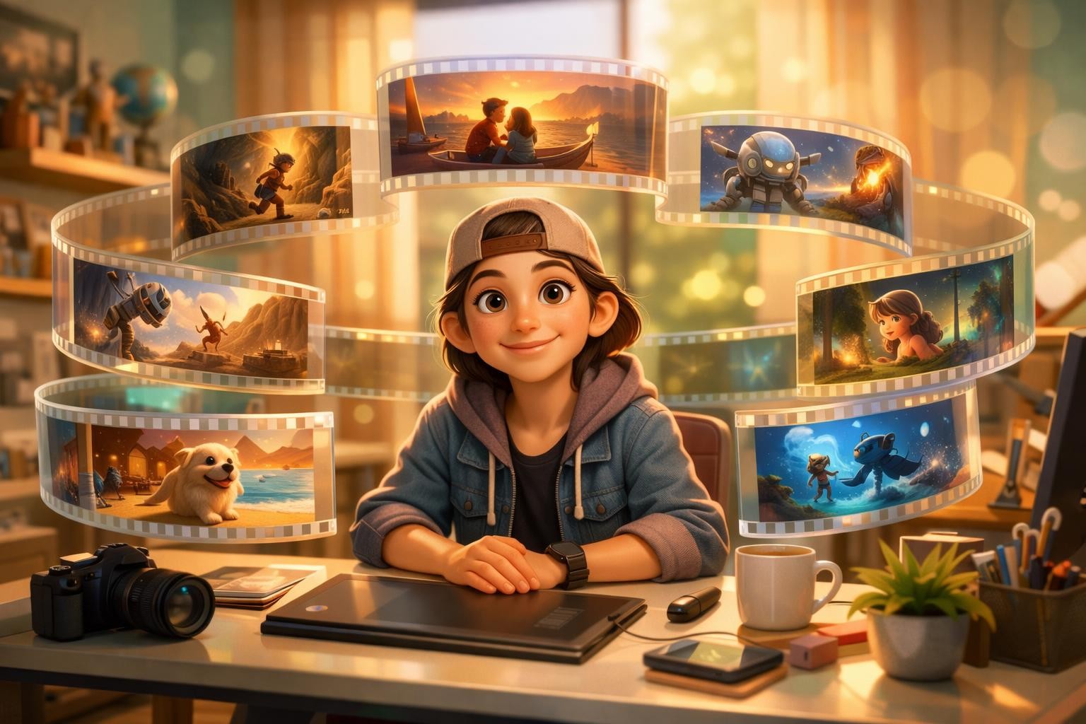 A friendly Pixar-style 3D rendered creator sitting at a bright modern studio desk with multiple floating holographic movie frames arranged around them like a carousel, warm morning sunlight, soft bokeh background with pastel accents of mint green and peach, cozy creative workspace feel, ultra detailed cinematic render, 8K, absolutely no text, no letters, no words, no numbers, no writing, no watermark, no logo