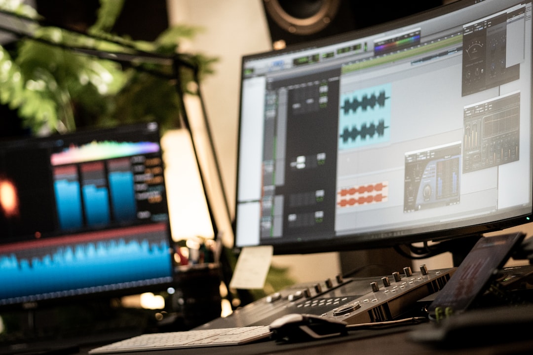 A 3D isometric scene of a cozy creator workspace with a microphone, glowing waveform hologram, and floating colorful sound bars, soft lavender and apricot palette, Pixar quality 8K, no text