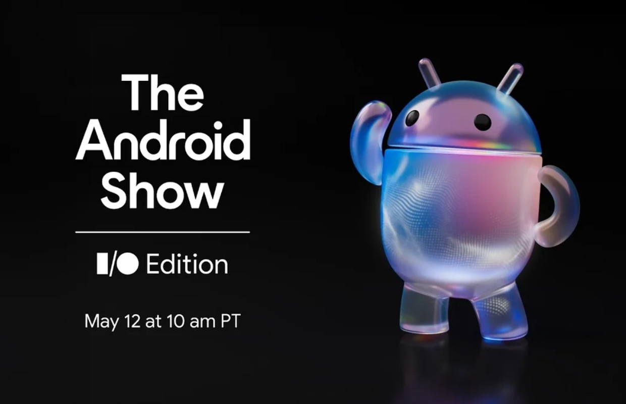 futuristic Android event stage with glowing logo, cinematic, 16:9