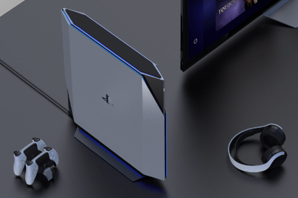 PS6 출시 - A friendly cute 3D illustration of a tiny robot mascot holding a sleek next-gen game console with glowing blue po...