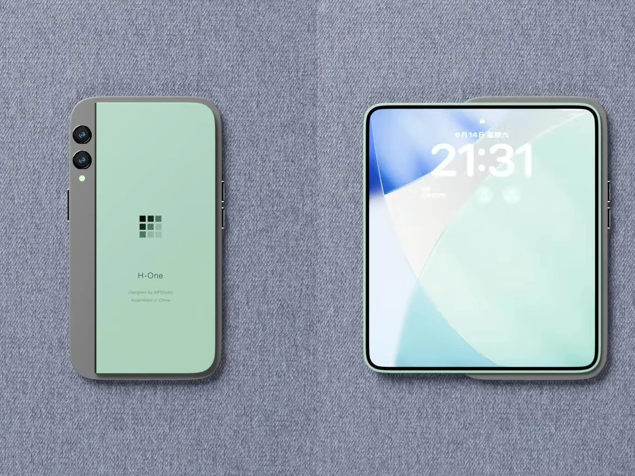 A friendly cute 3D illustration of a tiny robot mascot holding a half-folded book-style foldable smartphone with two glowing OLED screens, soft sky blue and lavender ambient lighting, calendar marking September floating in the background, Pixar quality 8K, no text, no logos