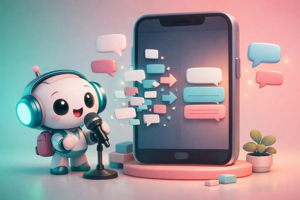 제미나이 인텔리전스 - A 3D illustration of a tiny mascot speaking into a microphone while AI text bubbles automatically reorganize ...