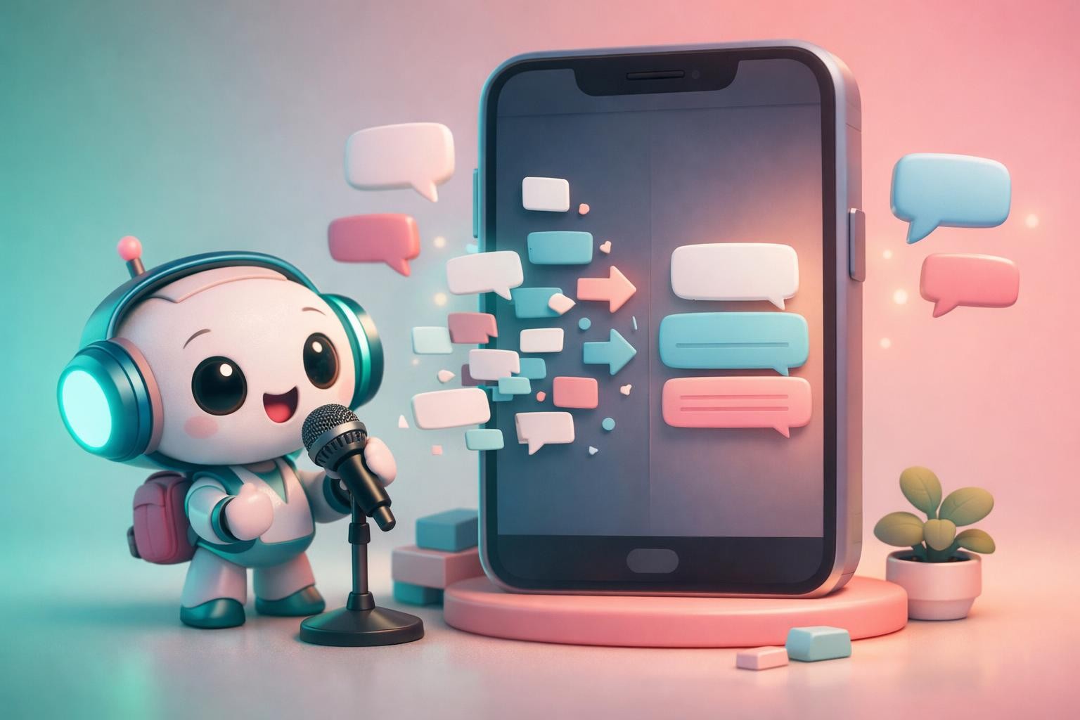A 3D illustration of a tiny mascot speaking into a microphone while AI text bubbles automatically reorganize into a polished message on a phone screen, soft mint and pink ambient lighting, friendly atmosphere, Pixar style 8K, no text, no logos