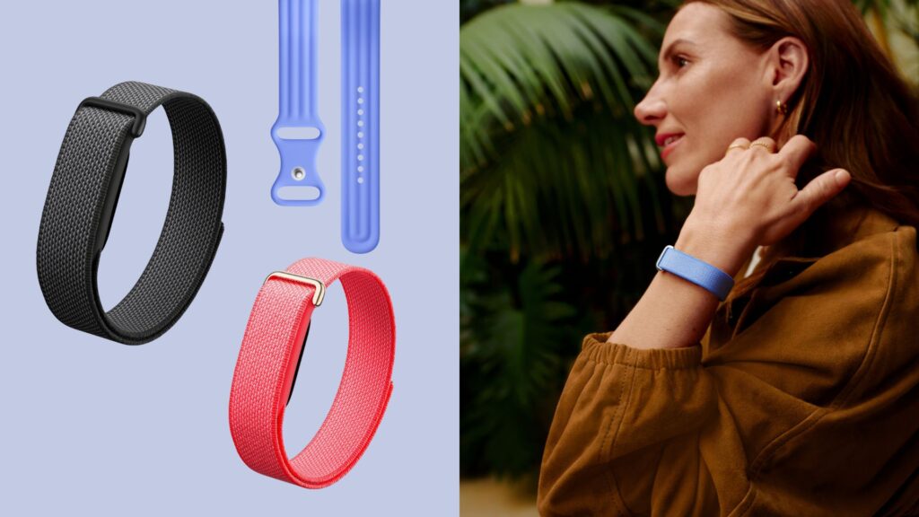 구글 핏빗 에어 - Cute 3D pixar-style mascot character wearing a sleek minimalist screenless fitness tracker band on wrist, happy...