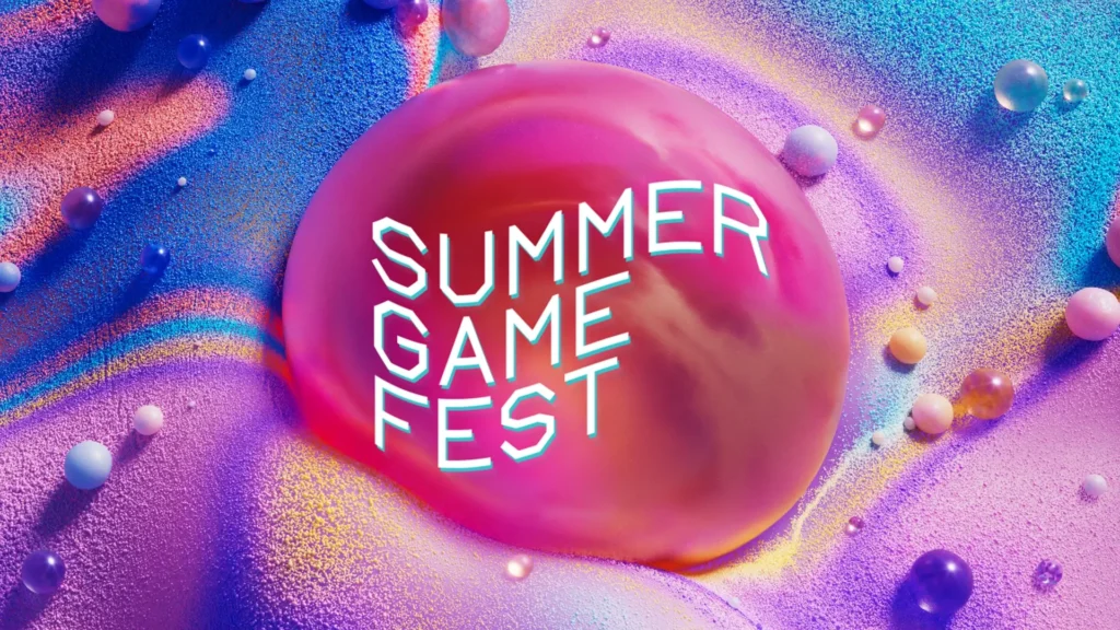 서머 게임 페스트 2026 - Summer Game Fest 2026 live stage show, dramatic spotlight on a large screen in a theater, gaming event at...