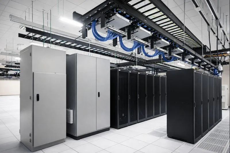 AI 메가프로젝트 - Interior of a hyperscale data center with endless rows of server racks and blue LED lights, cold aisle contain...