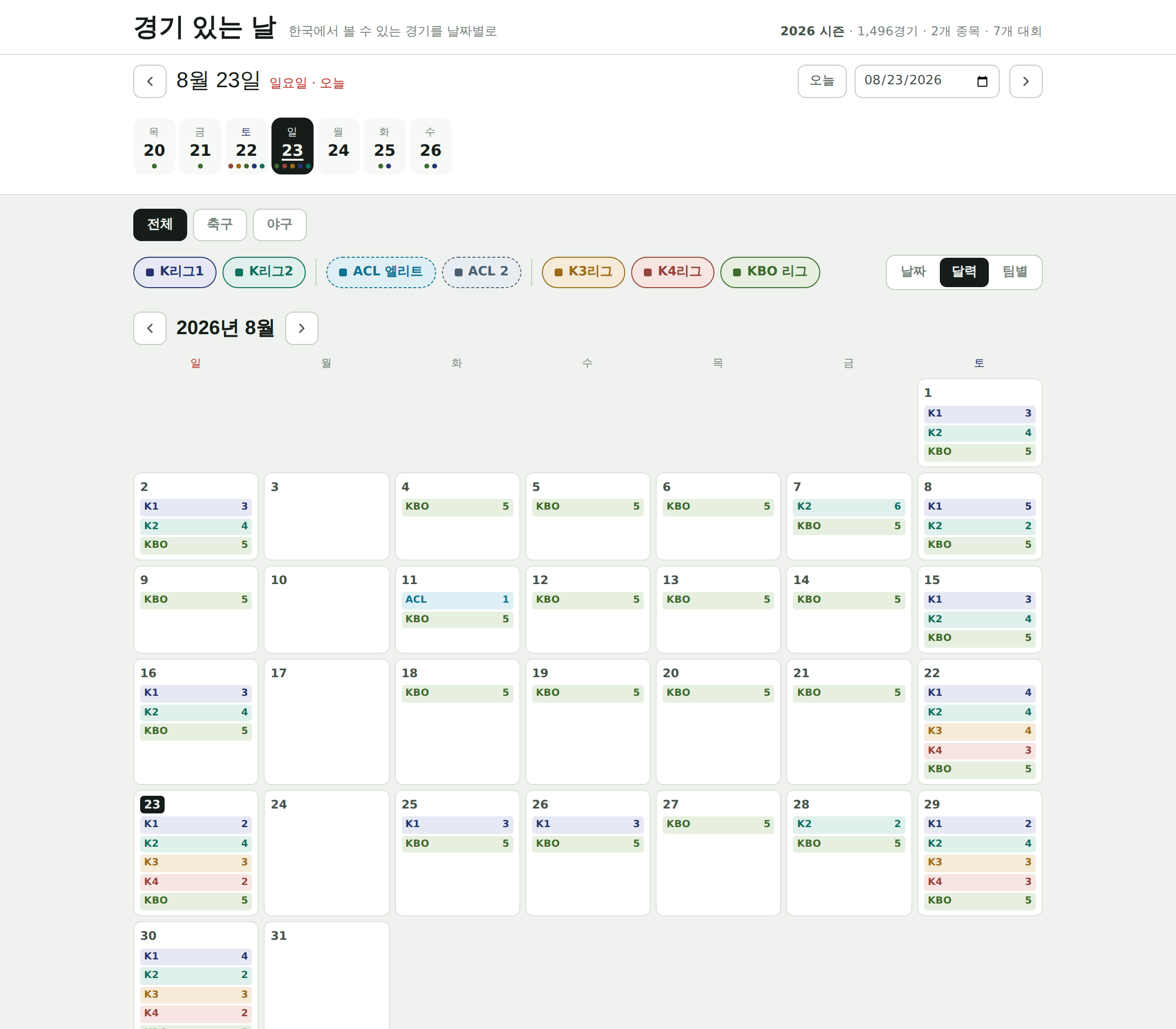 한 달 치 경기를 달력 형태로 보여주며 날짜마다 리그별 경기 수가 표시된 화면