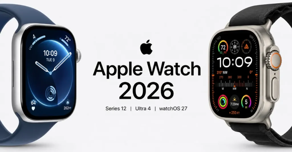 애플워치 시리즈 12 - Apple Watch Series 12 smartwatch on a wrist, clean product photography, neutral background