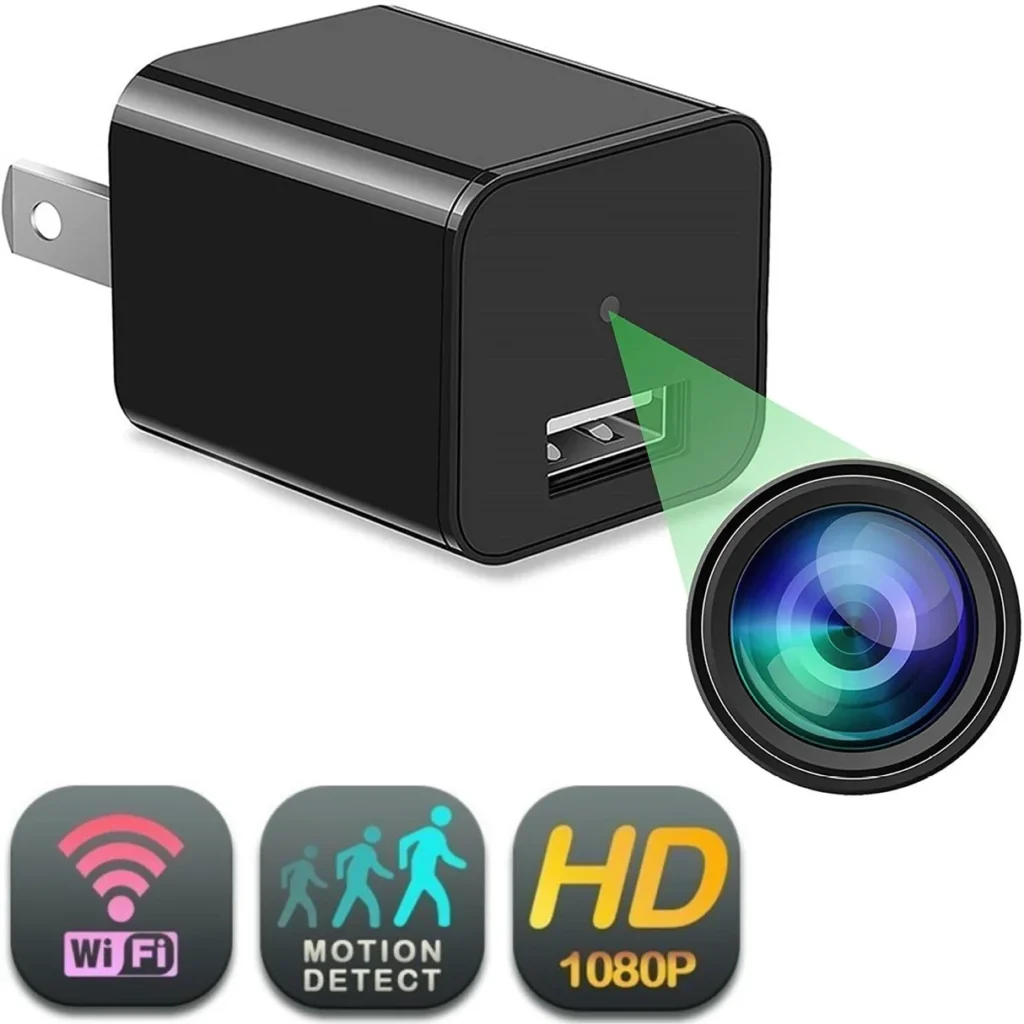 몰래카메라 탐지 - A hidden pinhole camera concealed inside a USB wall charger on a wooden table, investigative photography, neutr...